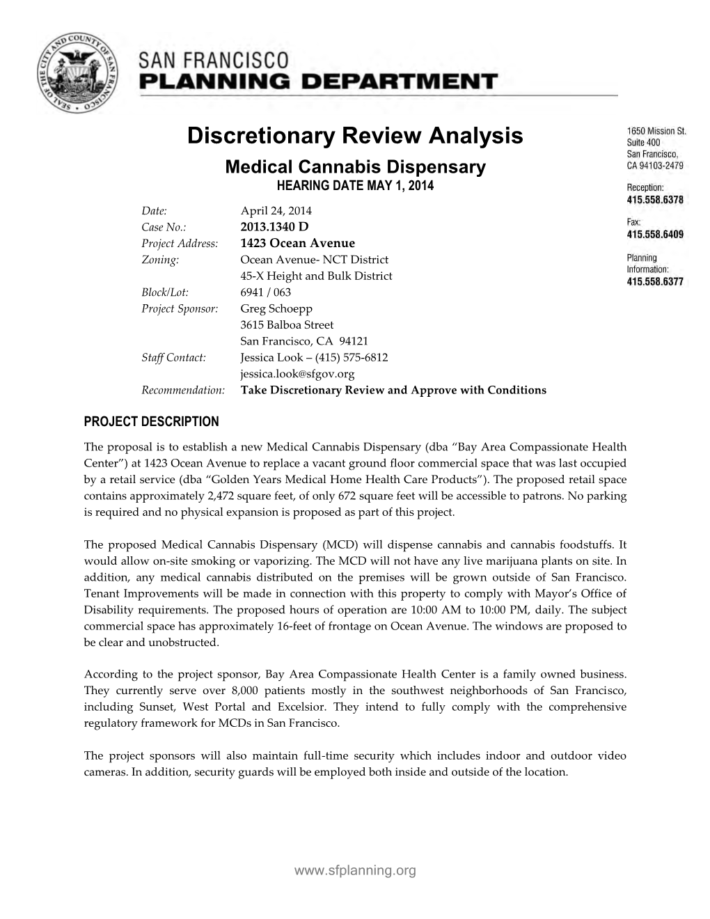 Discretionary Review Analysis Medical Cannabis Dispensary HEARING DATE MAY 1, 2014