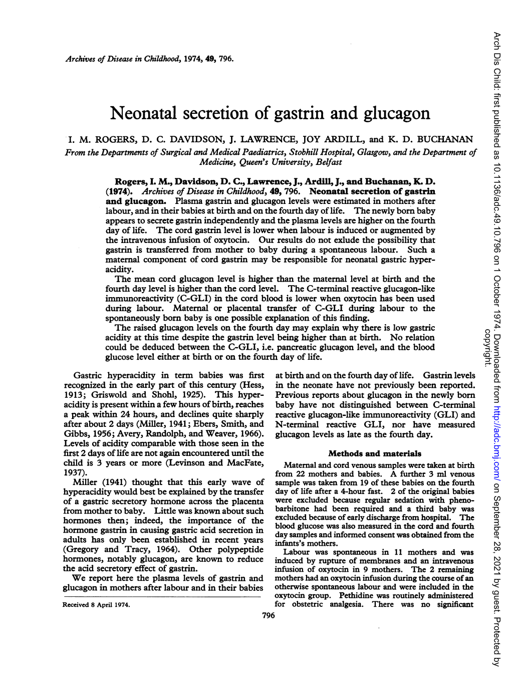 Neonatal Secretion of Gastrin and Glucagon