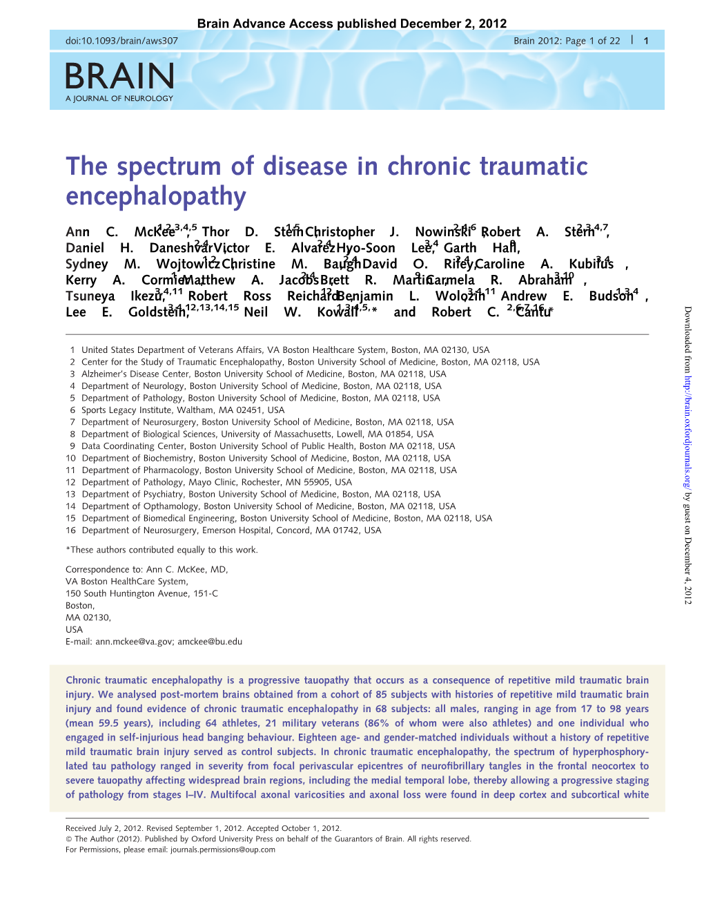 The Spectrum of Disease in Chronic Traumatic Encephalopathy