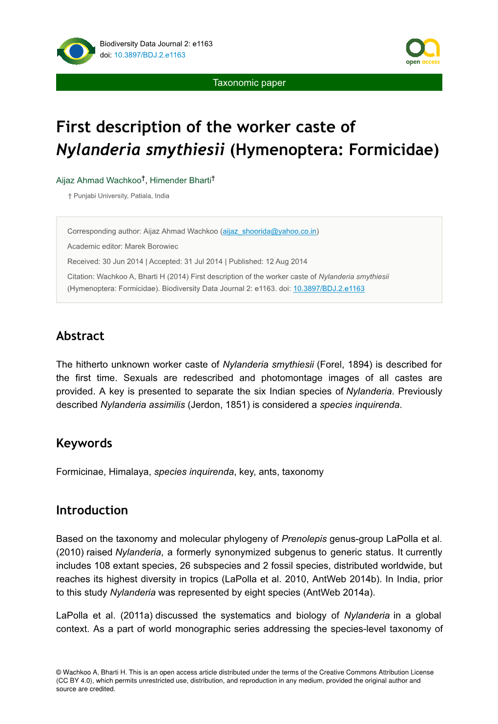 First Description of the Worker Caste of Nylanderia Smythiesii (Hymenoptera: Formicidae)
