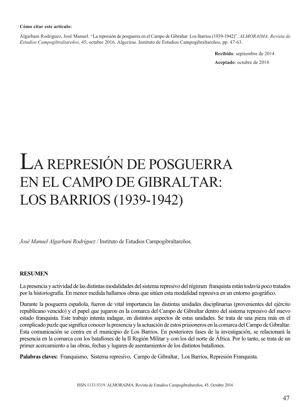 La Represión De Posguerra En El Campo De Gibraltar: Los Barrios (1939-1942)”