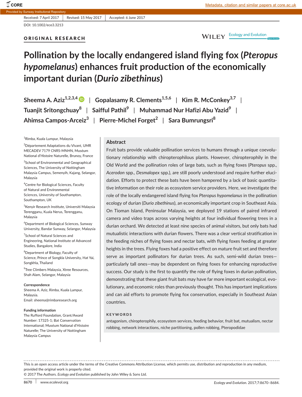 Pollination by the Locally Endangered Island Flying Fox (Pteropus Hypomelanus) Enhances Fruit Production of the Economically Important Durian (Durio Zibethinus)