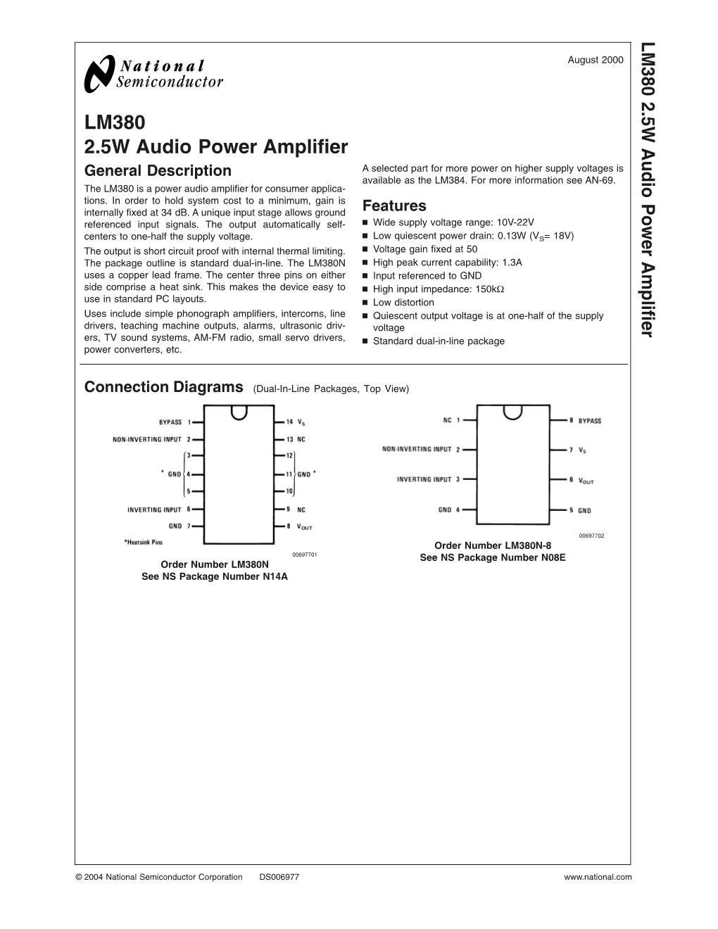 LM380 2.5W Audio Power Amplifier General Description a Selected Part for More Power on Higher Supply Voltages Is Available As the LM384