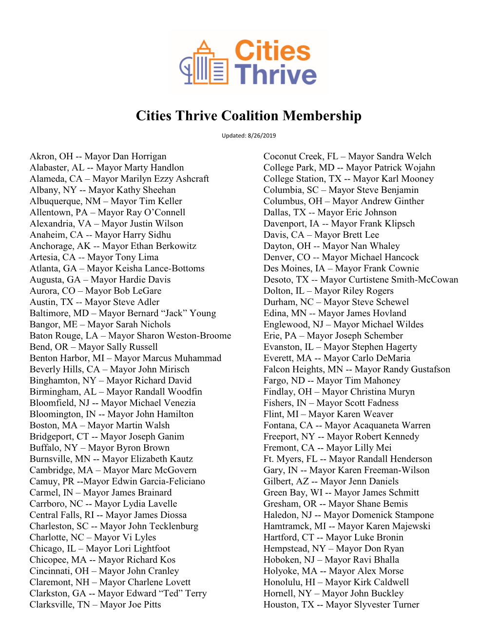 Cities Thrive Coalition Membership