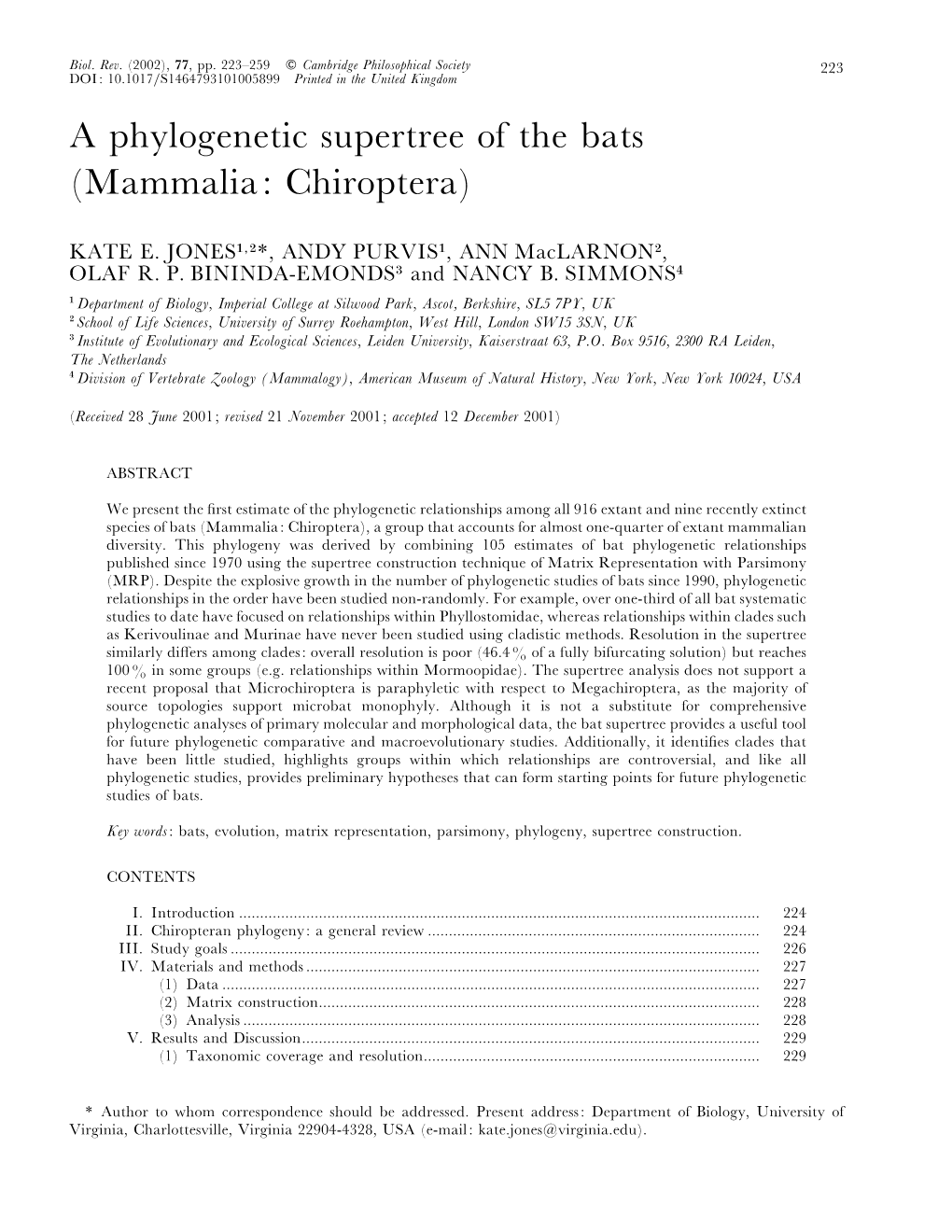 A Phylogenetic Supertree of the Bats (Mammalia: Chiroptera)