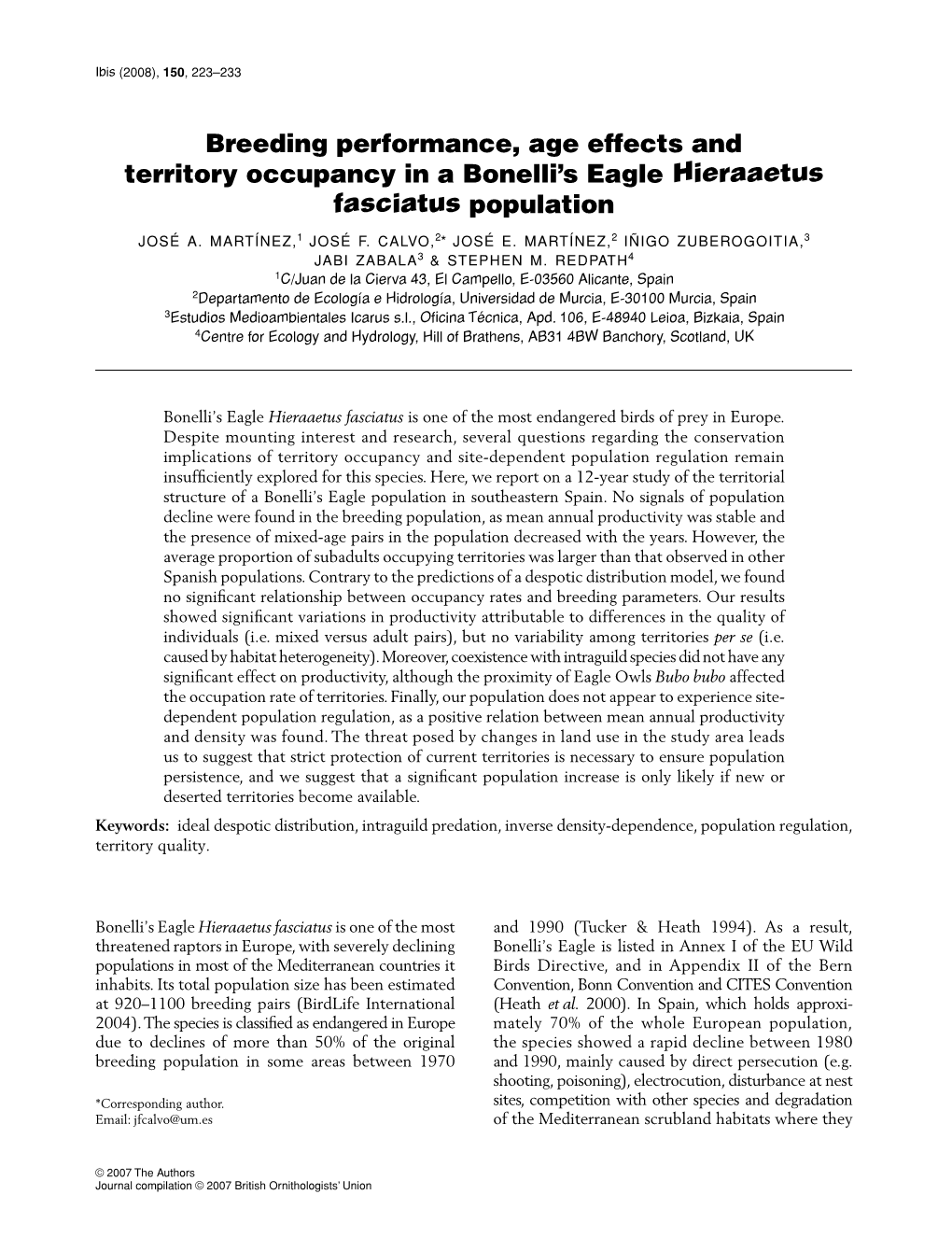 Breeding Performance, Age Effects and Territory Occupancy in a Bonelli’S Eagle Hieraaetus Fasciatus Population