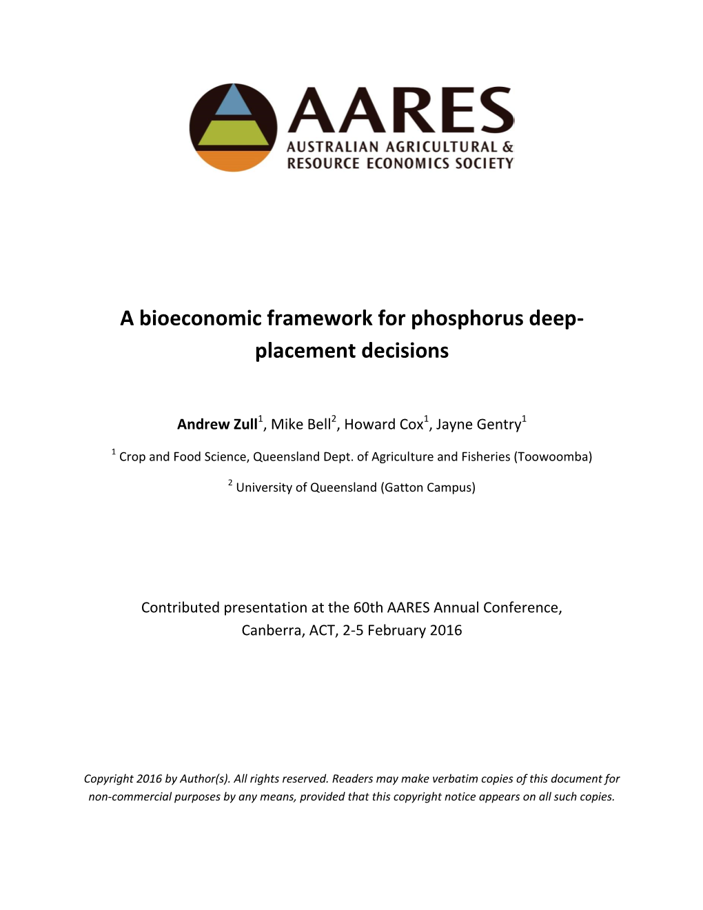 A Bioeconomic Framework for Phosphorus Deep- Placement Decisions