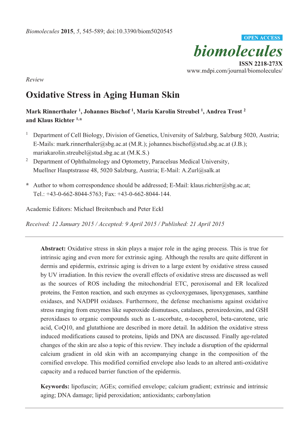 Oxidative Stress in Aging Human Skin