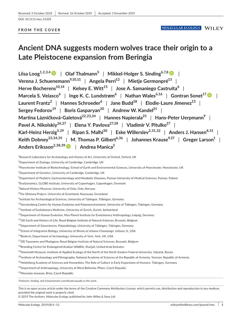 Ancient DNA Suggests Modern Wolves Trace Their Origin to a Late Pleistocene Expansion from Beringia