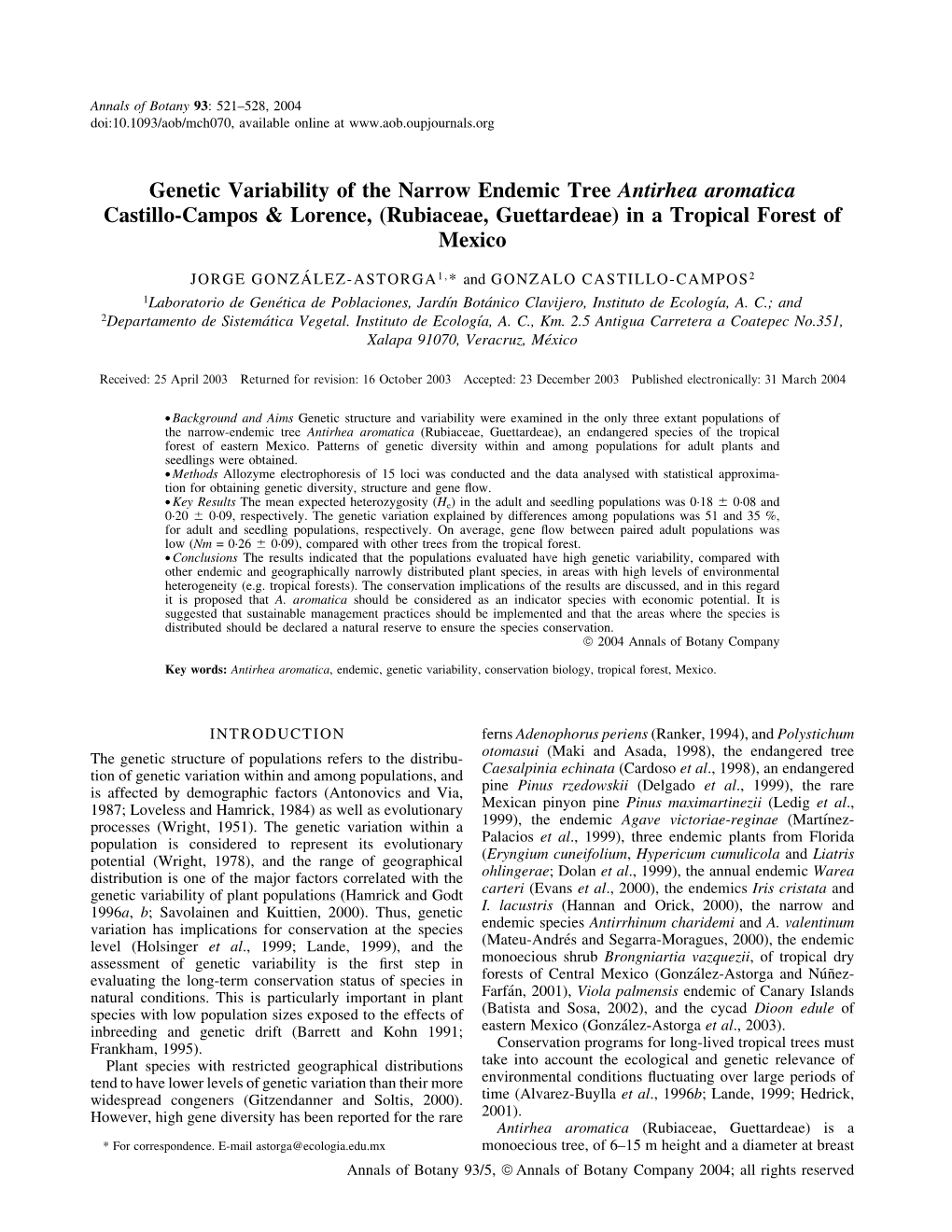Genetic Variability of the Narrow Endemic Tree Antirhea Aromatica Castillo-Campos & Lorence, (Rubiaceae, Guettardeae) in a Tropical Forest of Mexico