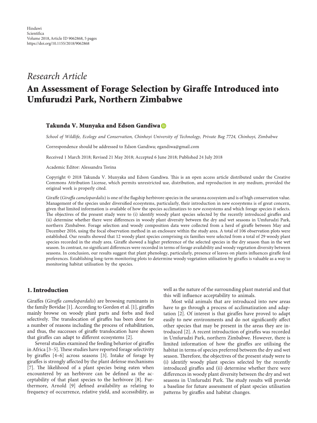 Research Article an Assessment of Forage Selection by Giraffe Introduced Into Umfurudzi Park, Northern Zimbabwe