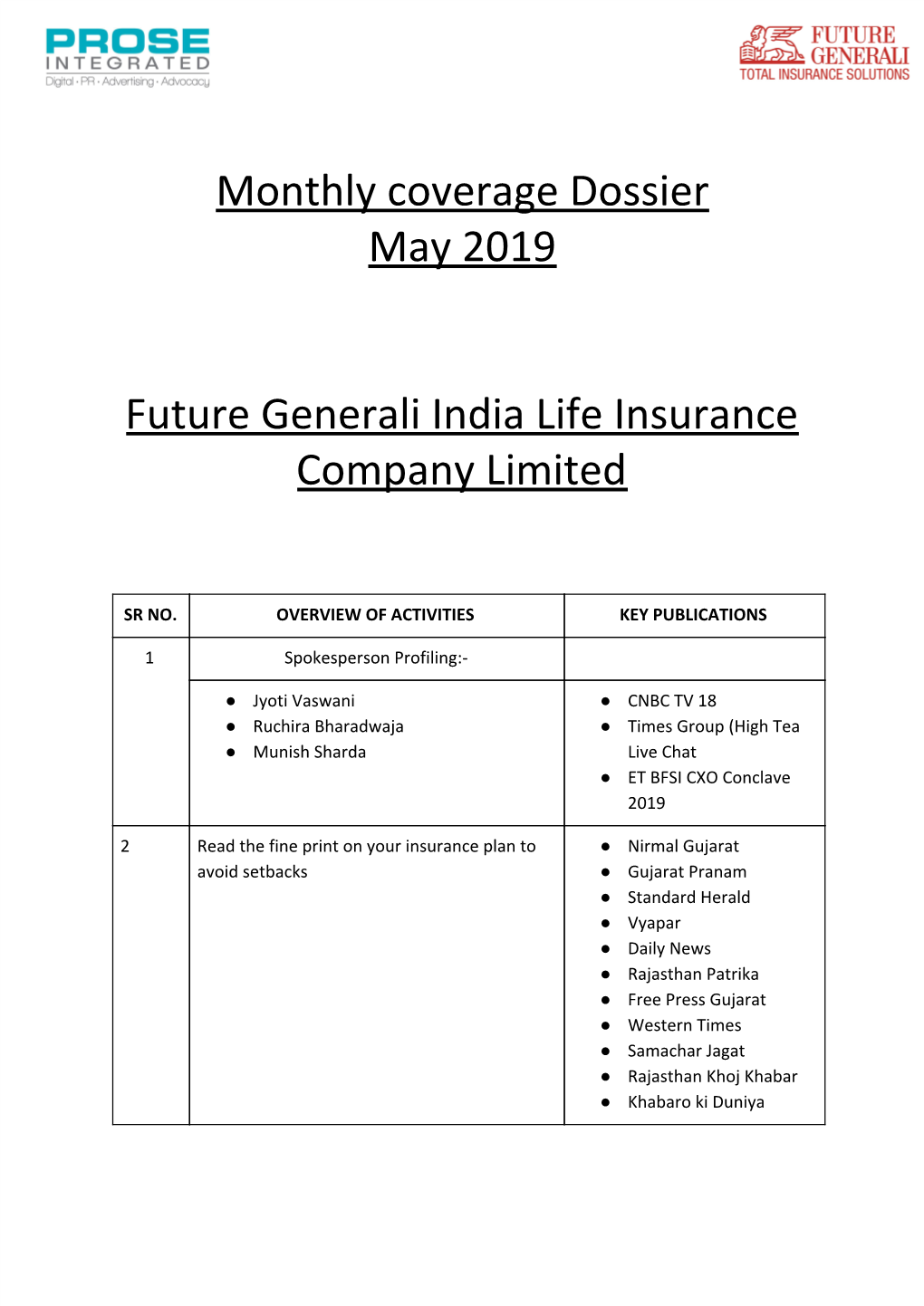 Monthly Coverage Dossier May 2019 Future Generali India Life Insurance