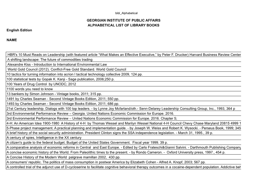 GEORGIAN INSTITUTE of PUBLIC AFFAIRS ALPHABETICAL LIST of LIBRARY BOOKS English Edition