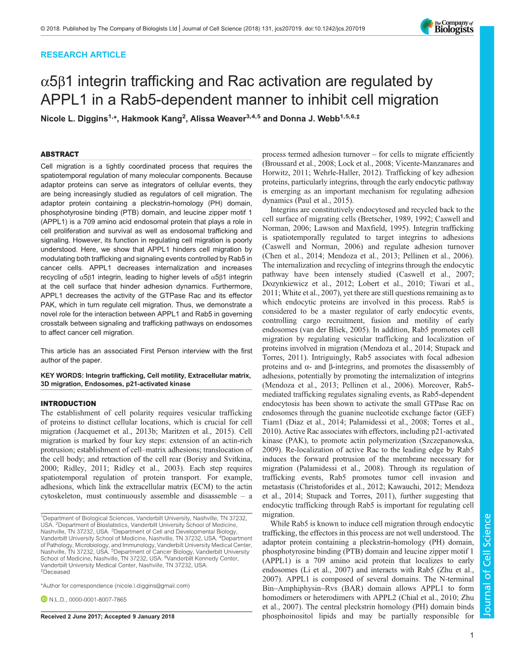 Α5β1 Integrin Trafficking and Rac Activation Are Regulated by APPL1 in a Rab5-Dependent Manner to Inhibit Cell Migration Nicole L