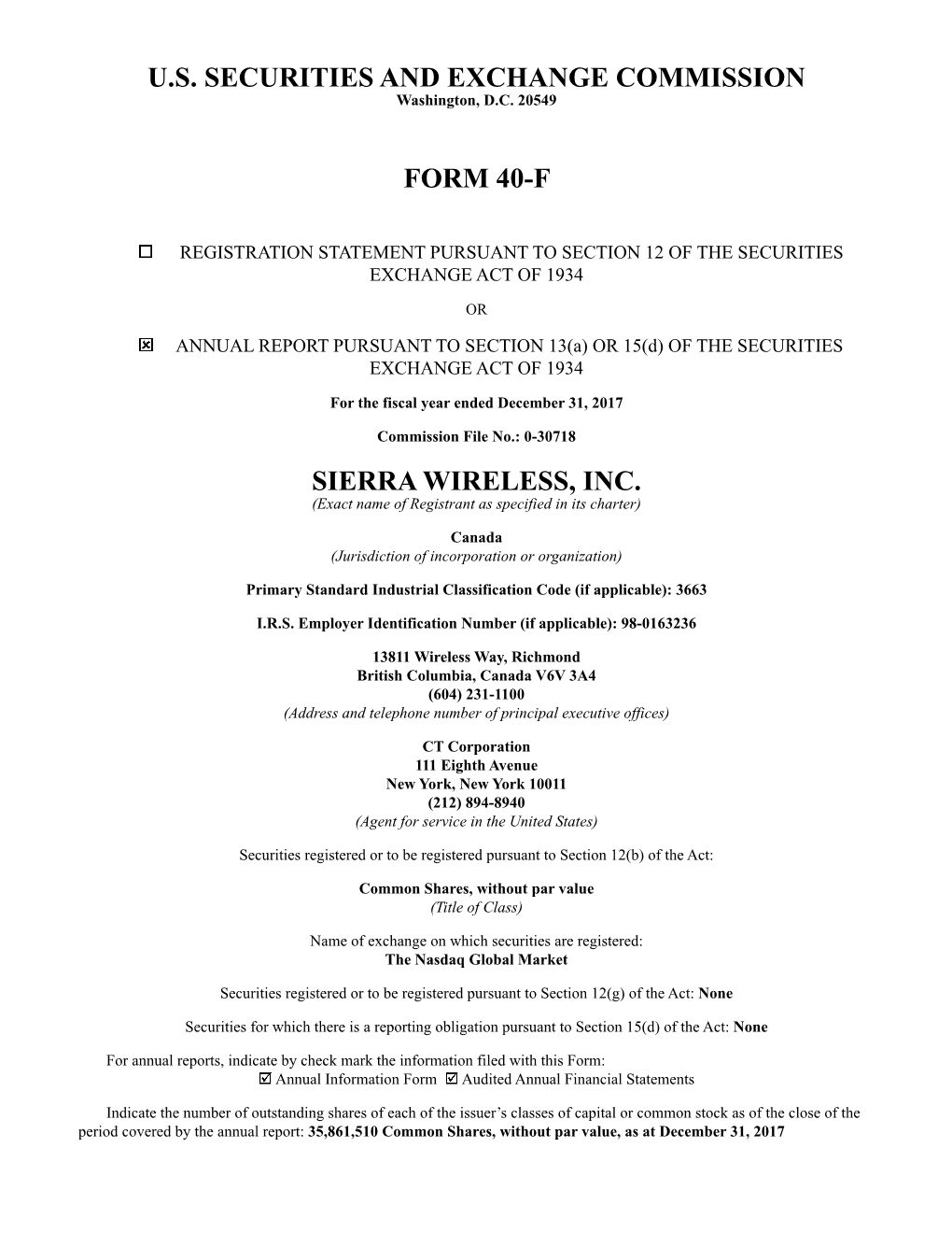 U.S. Securities and Exchange Commission Form 40-F Sierra