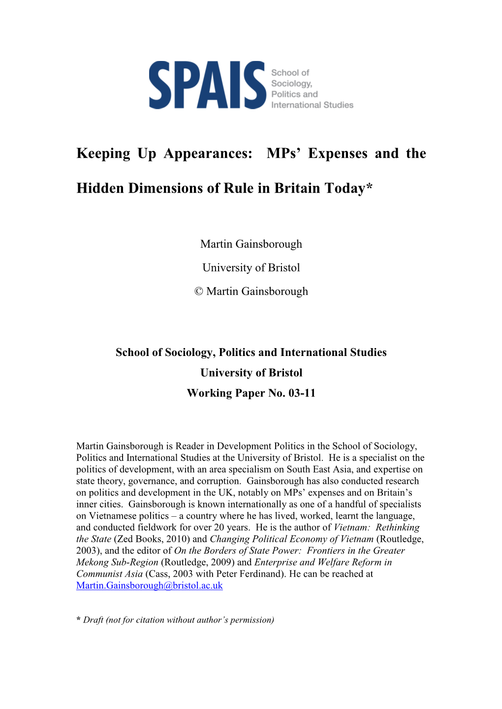 Keeping up Appearances: Mps' Expenses and the Hidden Dimensions of Rule