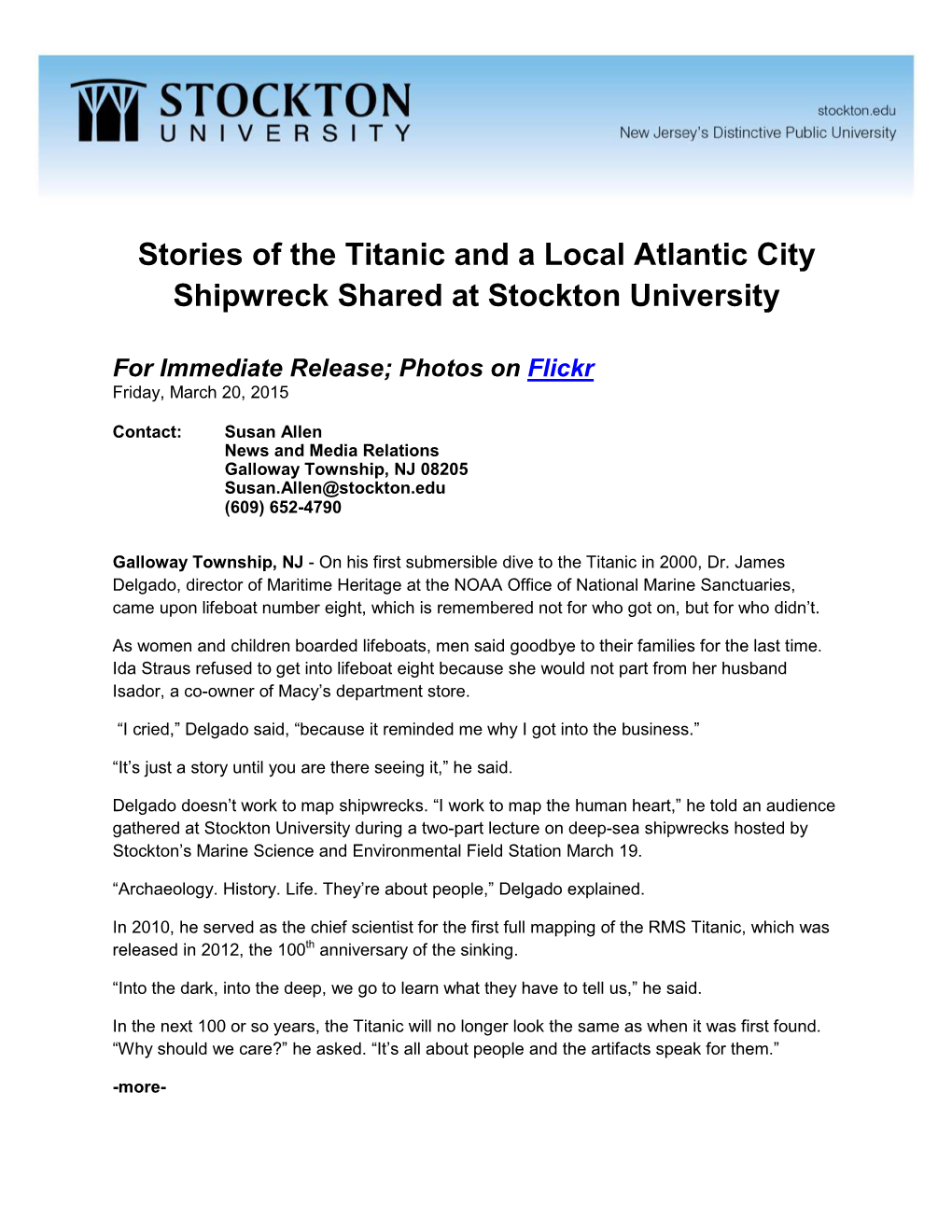 Stories of the Titanic and a Local Atlantic City Shipwreck Shared at Stockton University