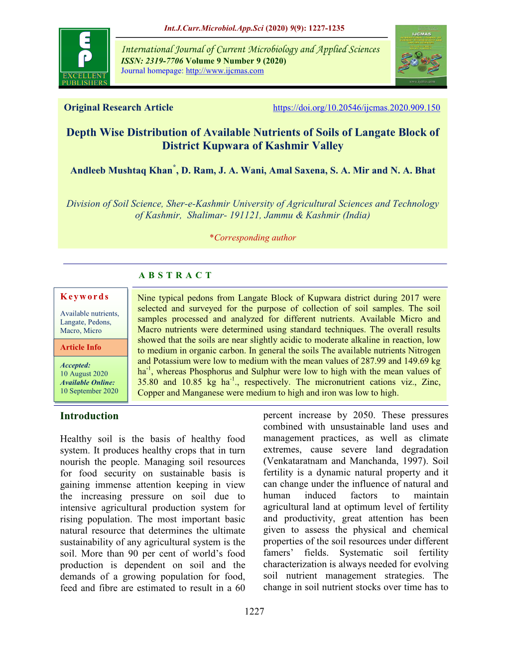 Depth Wise Distribution of Available Nutrients of Soils of Langate Block of District Kupwara of Kashmir Valley