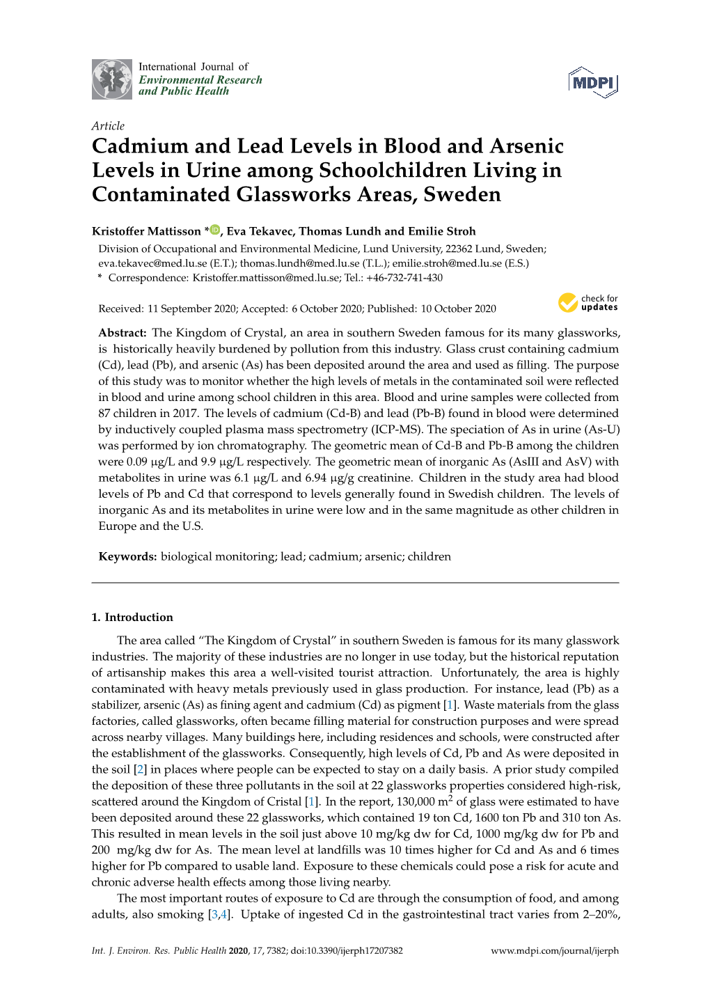 Cadmium and Lead Levels in Blood and Arsenic Levels in Urine Among Schoolchildren Living in Contaminated Glassworks Areas, Sweden