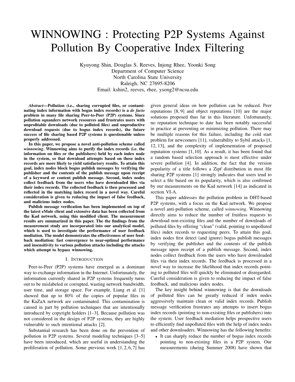 WINNOWING : Protecting P2P Systems Against Pollution by Cooperative Index Filtering