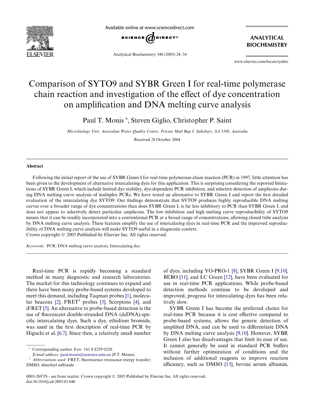 Comparison of SYTO9 and SYBR Green I for Real-Time Polymerase
