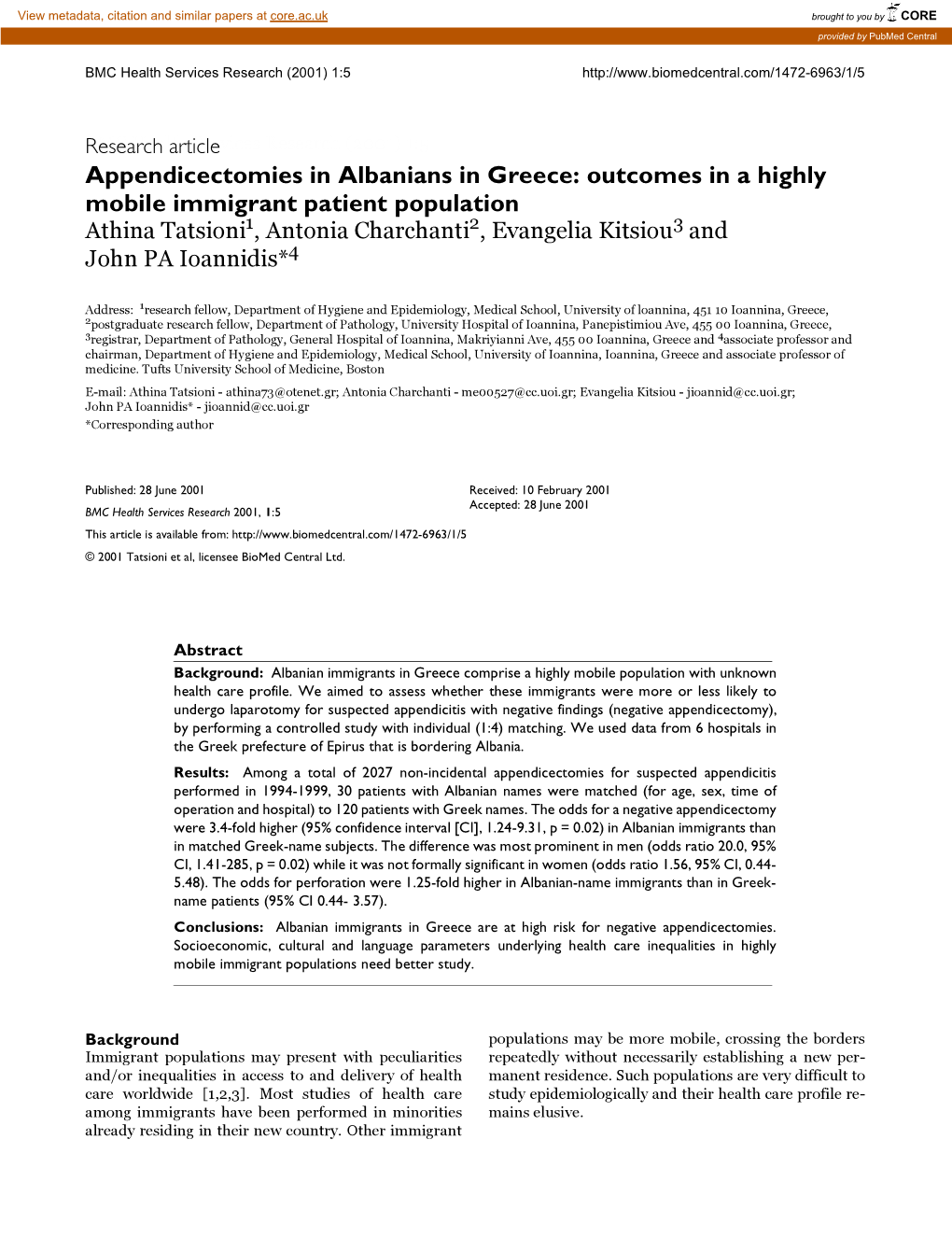 Appendicectomies in Albanians in Greece
