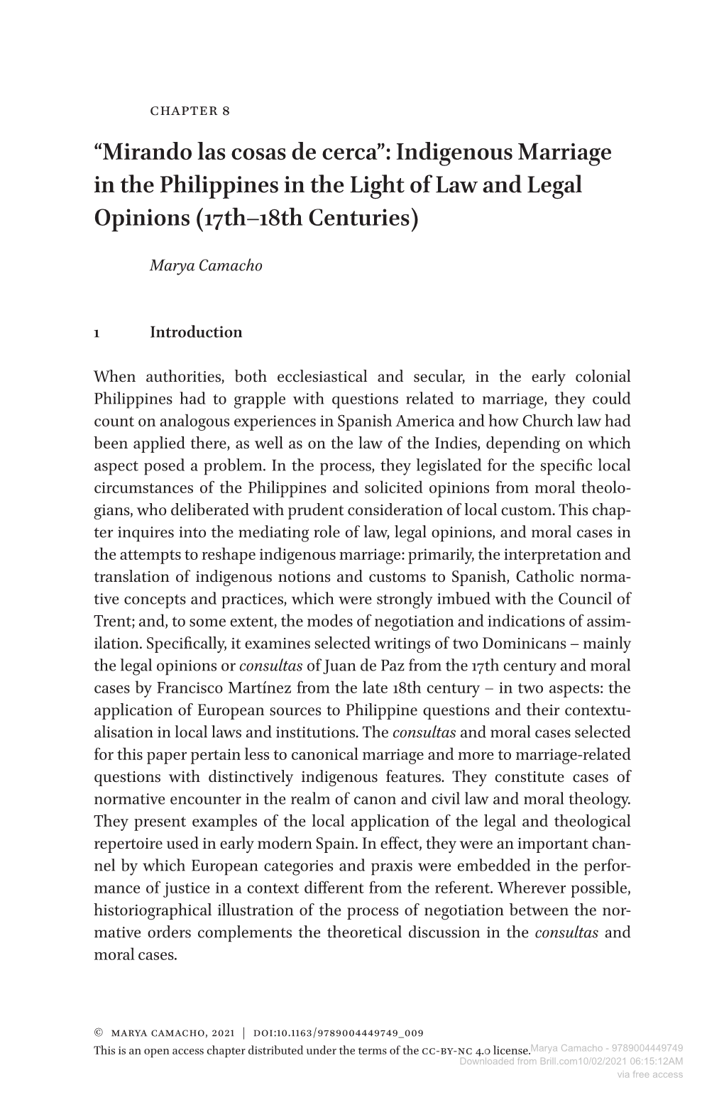 Downloaded from Brill.Com10/02/2021 06:15:12AM Via Free Access Indigenous Marriage in the Philippines in the Light of Law 265