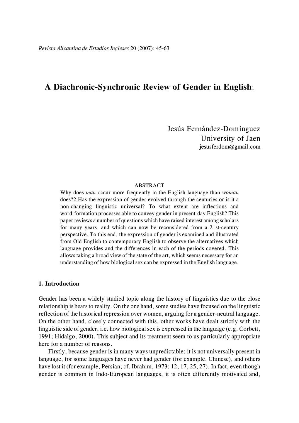 A Diachronic-Synchronic Review of Gender in English1