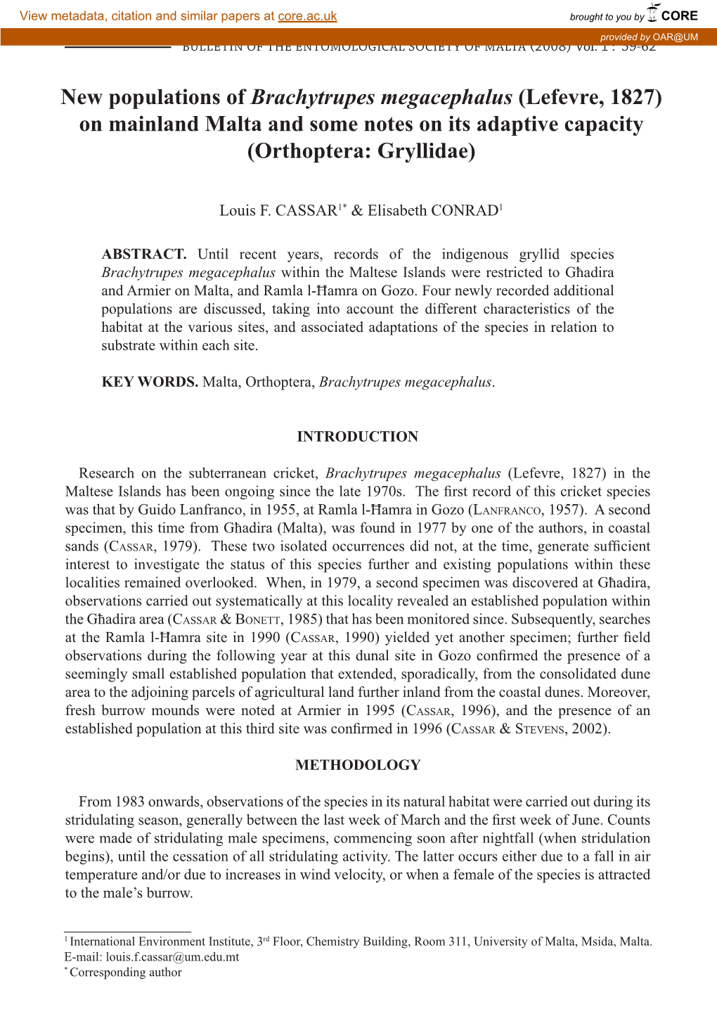 New Populations of Brachytrupes Megacephalus (Lefevre, 1827) on Mainland Malta and Some Notes on Its Adaptive Capacity (Orthoptera: Gryllidae)