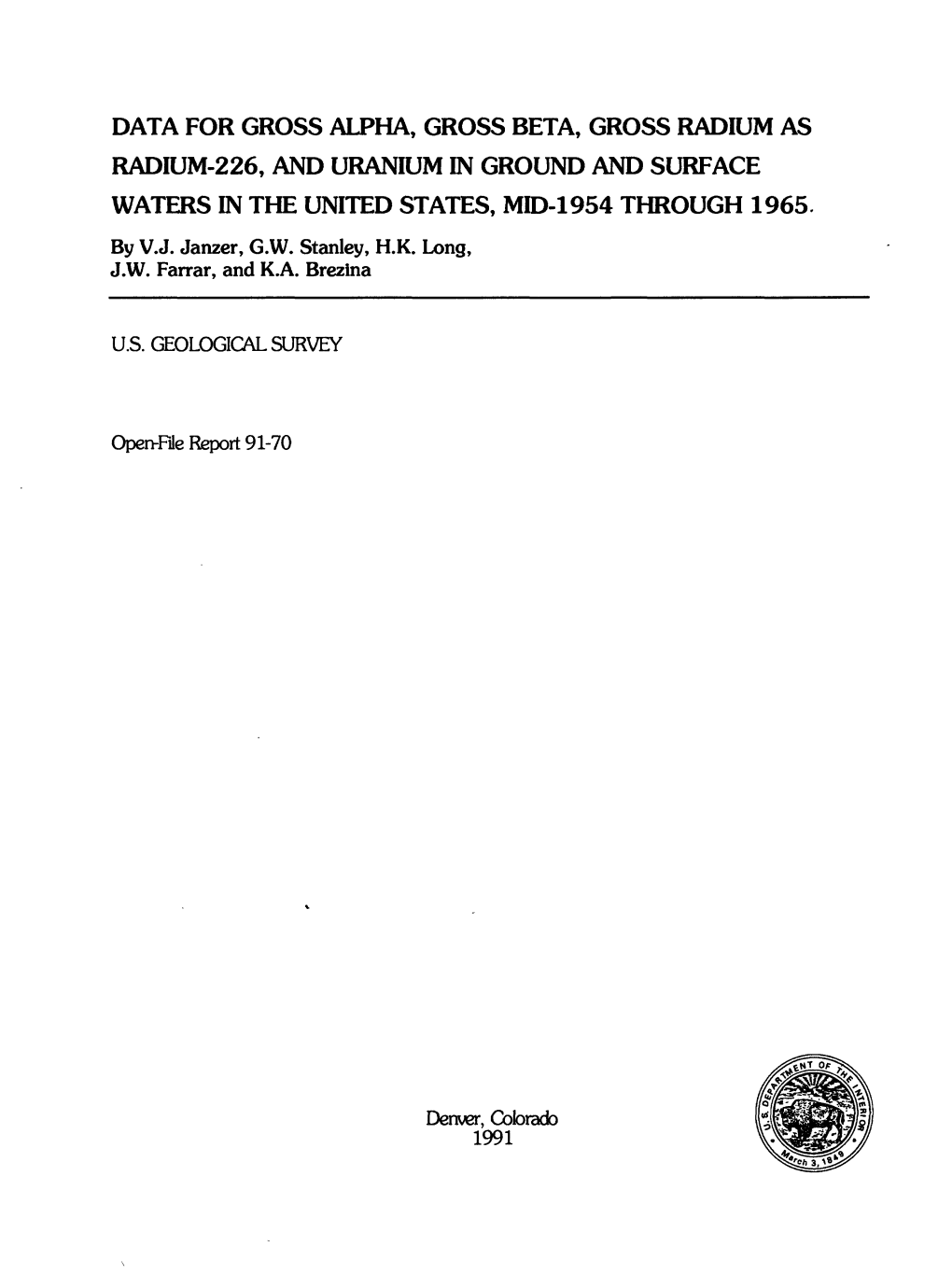 Data for Gross Alpha, Gross Beta, Gross Radium As Radium-226, and Uranium in Ground and Surface Waters in the United States, Mid-1954 Through 1965