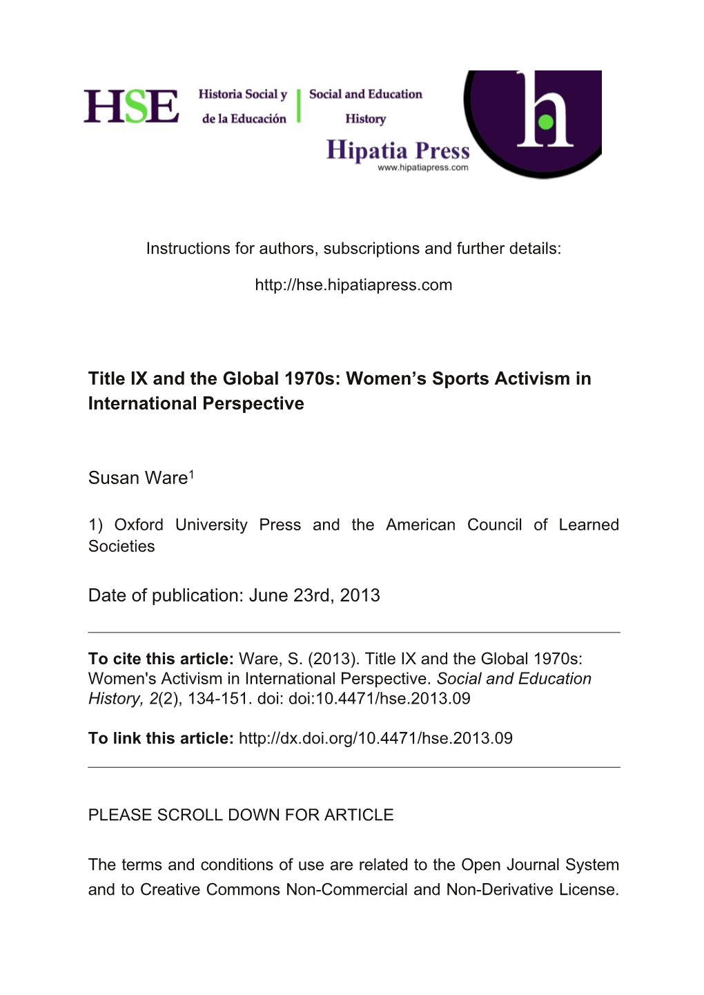 Title IX and the Global 1970S: Women's Sports Activism