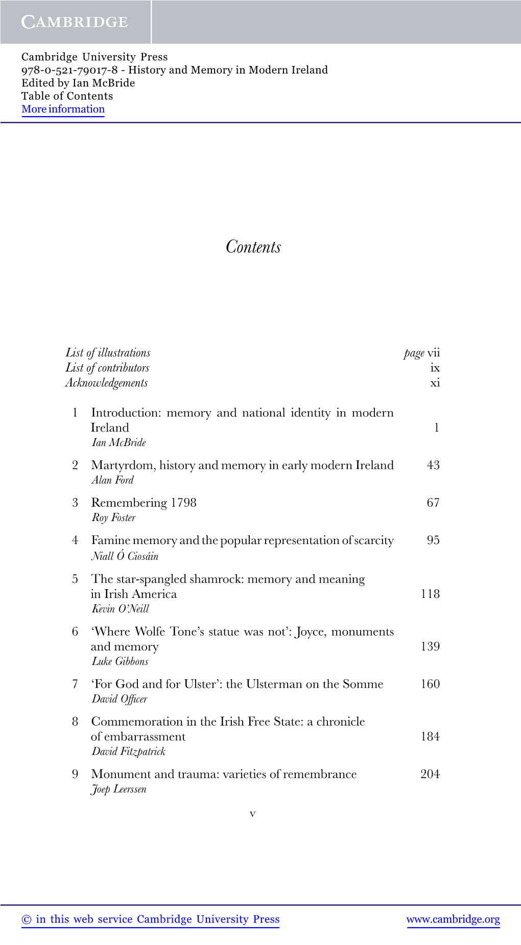 History and Memory in Modern Ireland Edited by Ian Mcbride Table of Contents More Information