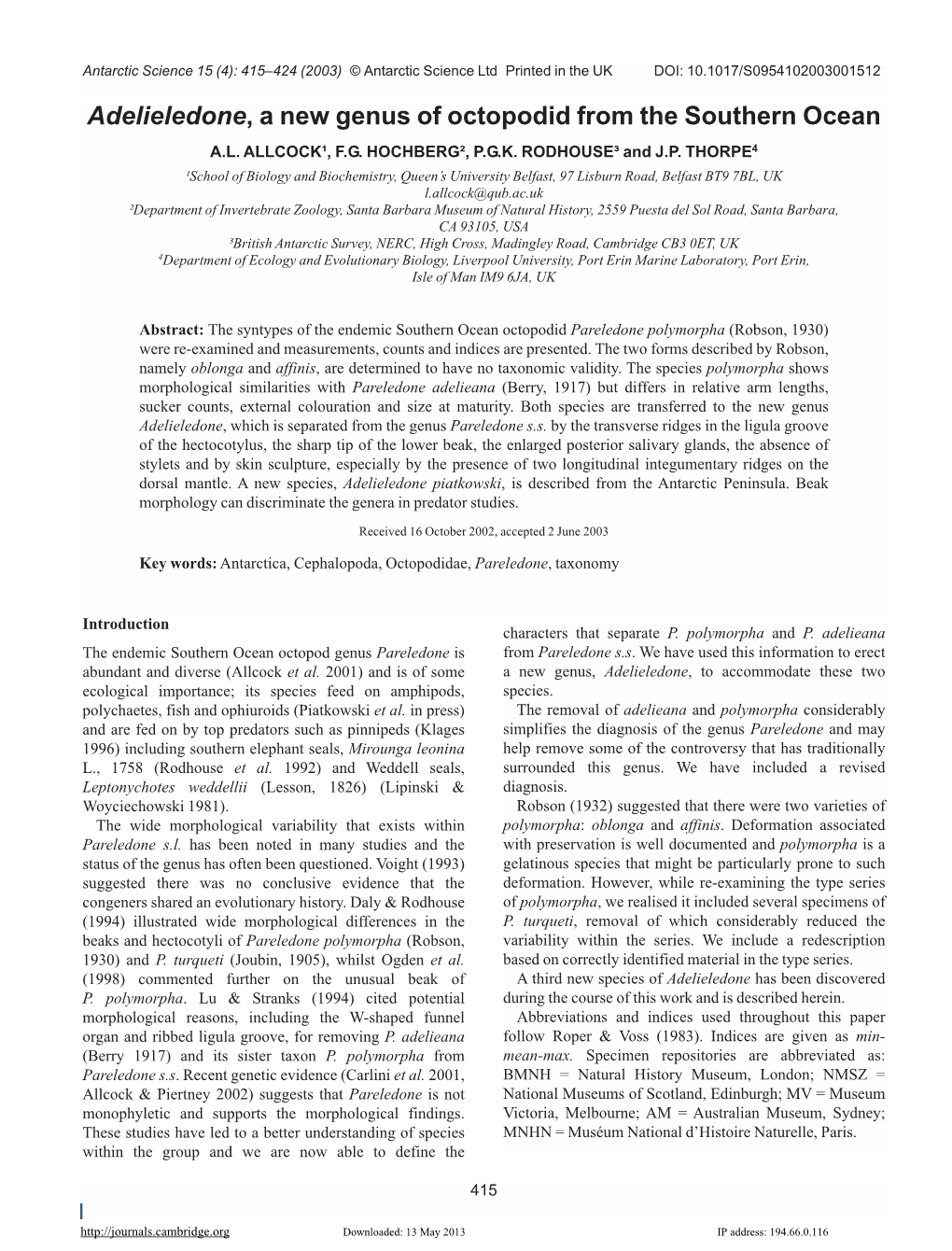 Adelieledone, a New Genus of Octopodid from the Southern Ocean A.L