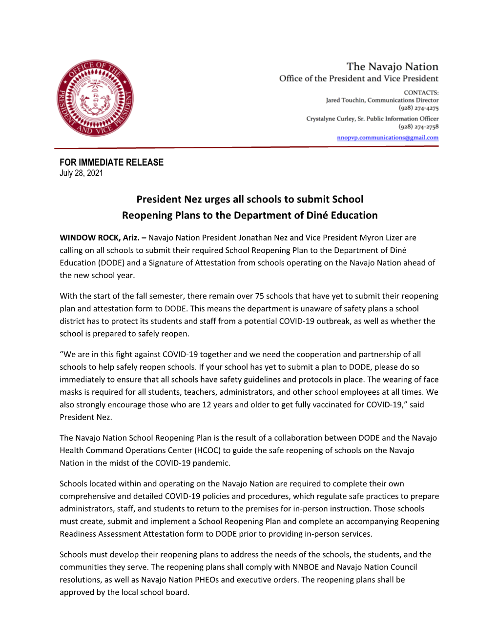 President Nez Urges All Schools to Submit School Reopening Plans to the Department of Diné Education