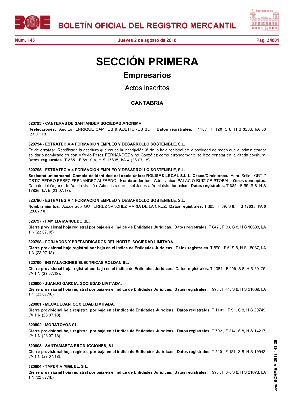 Actos De CANTABRIA Del BORME Núm. 148 De 2018