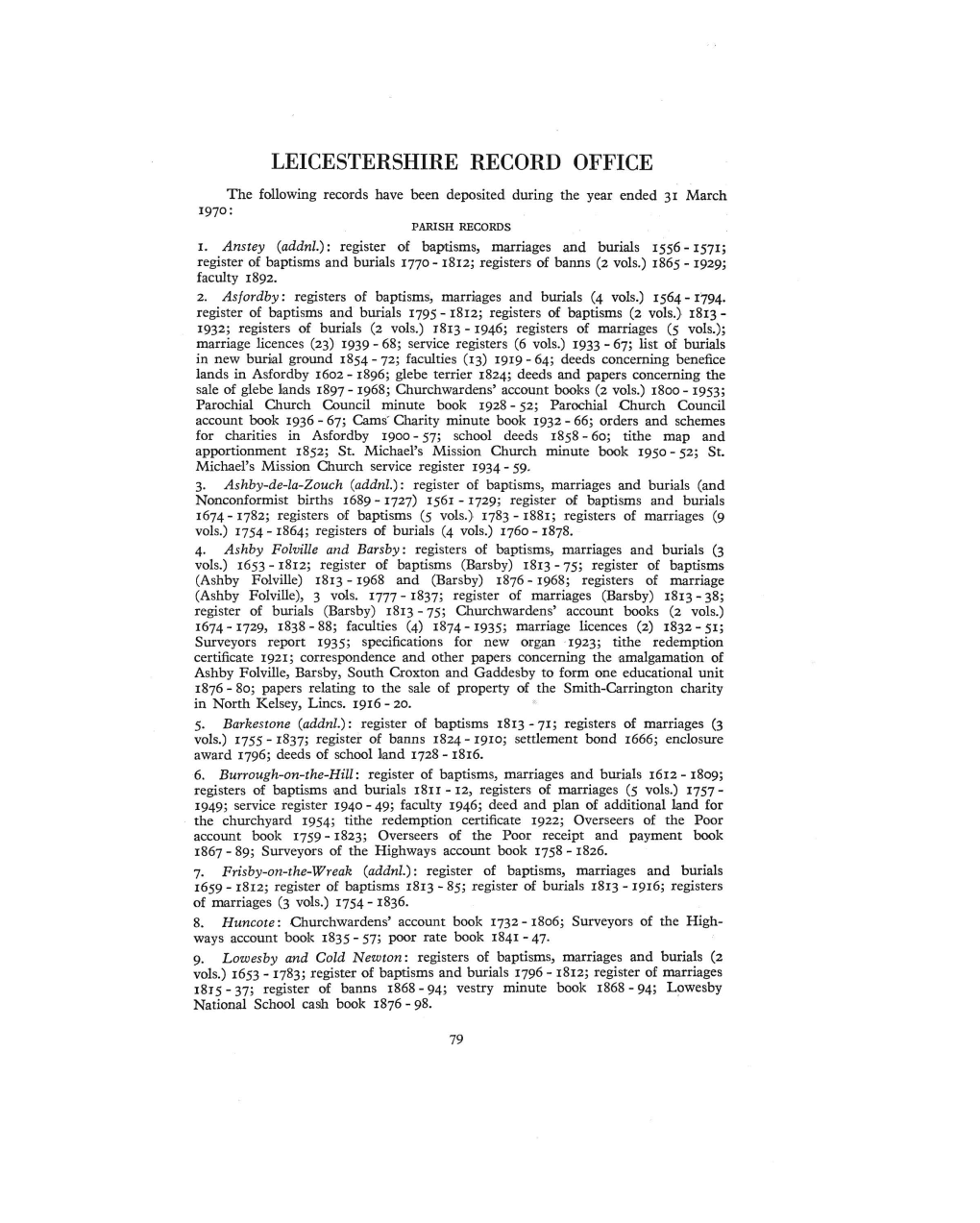 LEICESTERSHIRE RECORD OFFICE the Following Records Have Been Deposited During the Year Ended 31 March 1970: PARISH RECORDS I