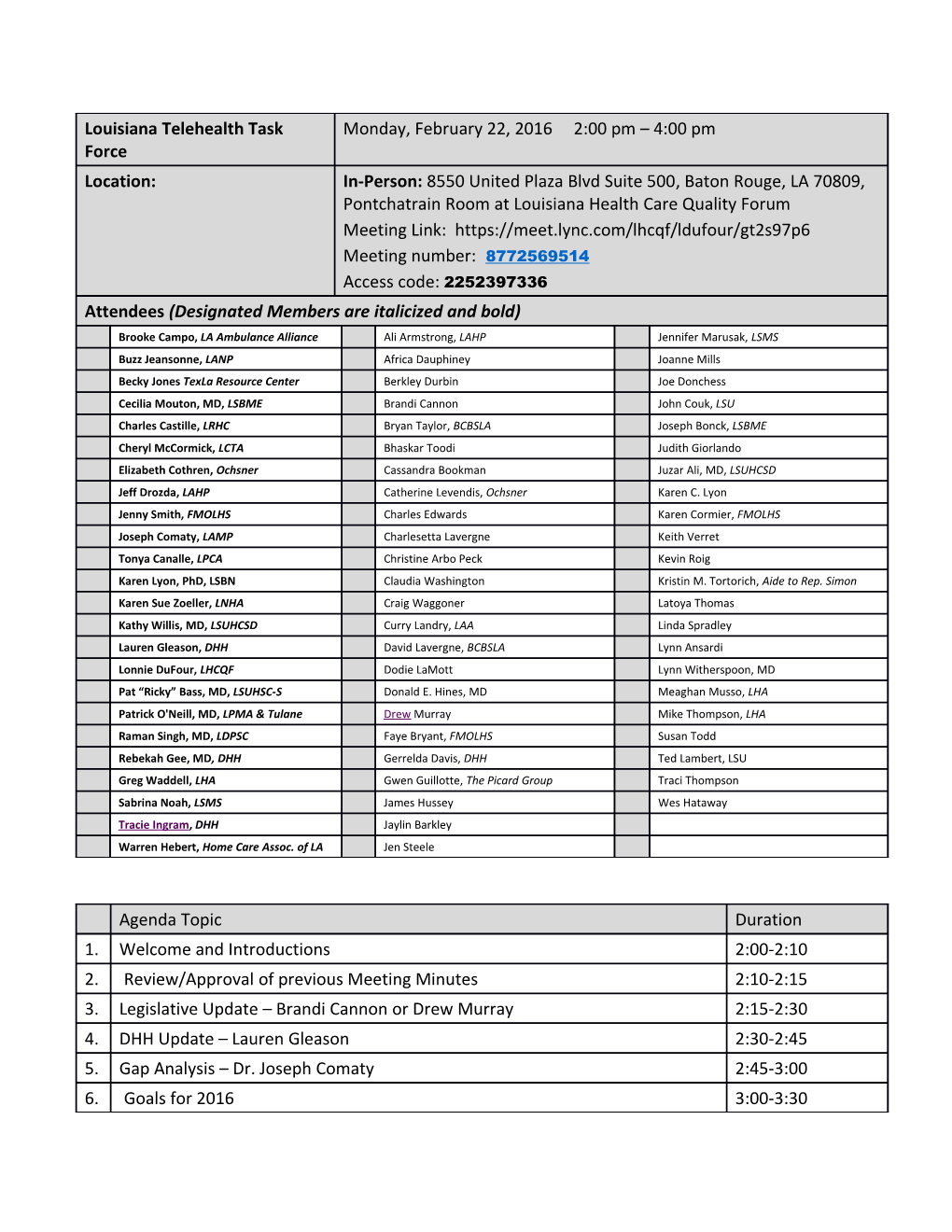 FMOHLS Meeting Agenda & Minutes