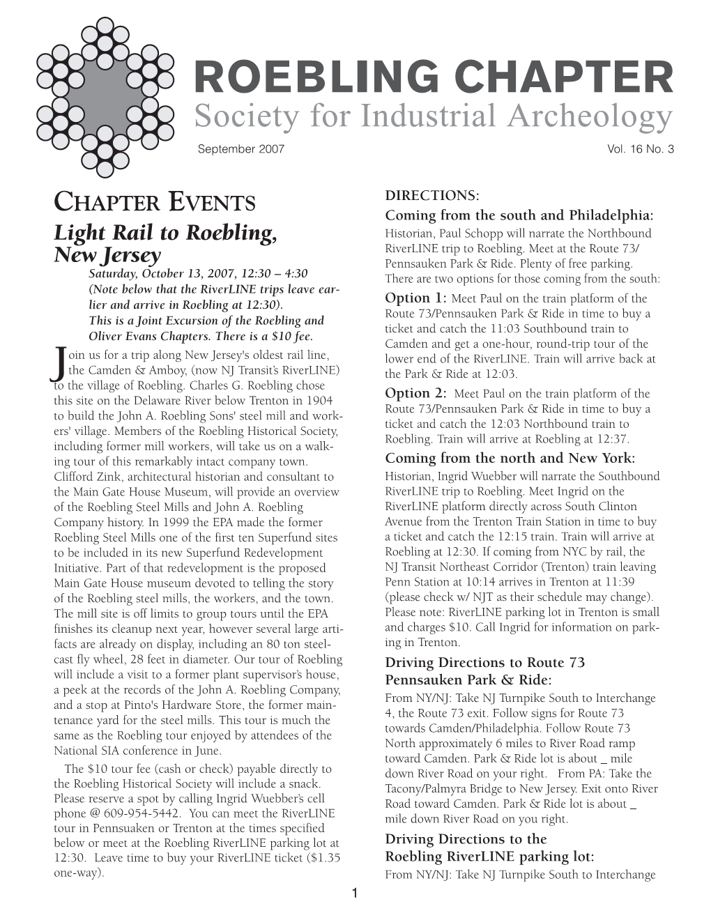 Roebling Chap. Newsletter, Vol 16, No. 3 Sept. 2007