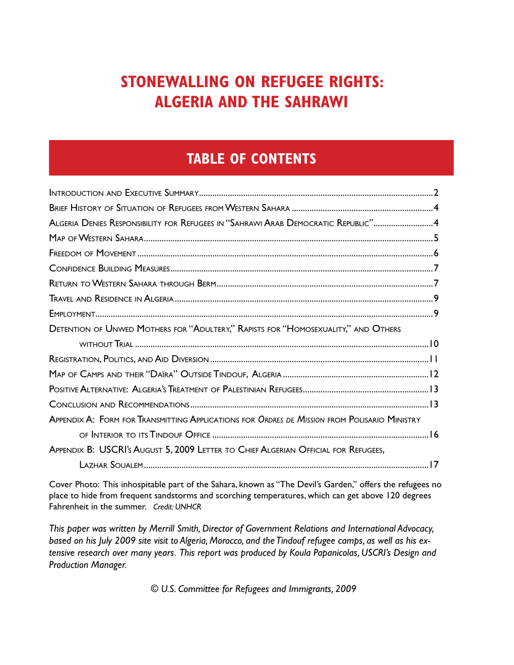 “Stonewalling on Refugee Rights: Algeria and the Sahrawi,” Report By