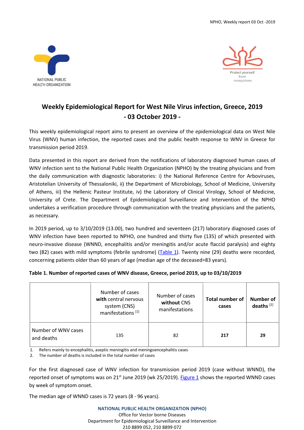 Weekly Epidemiological Report for West Nile Virus Infection, Greece, 2019 - 03 October 2019 - 1