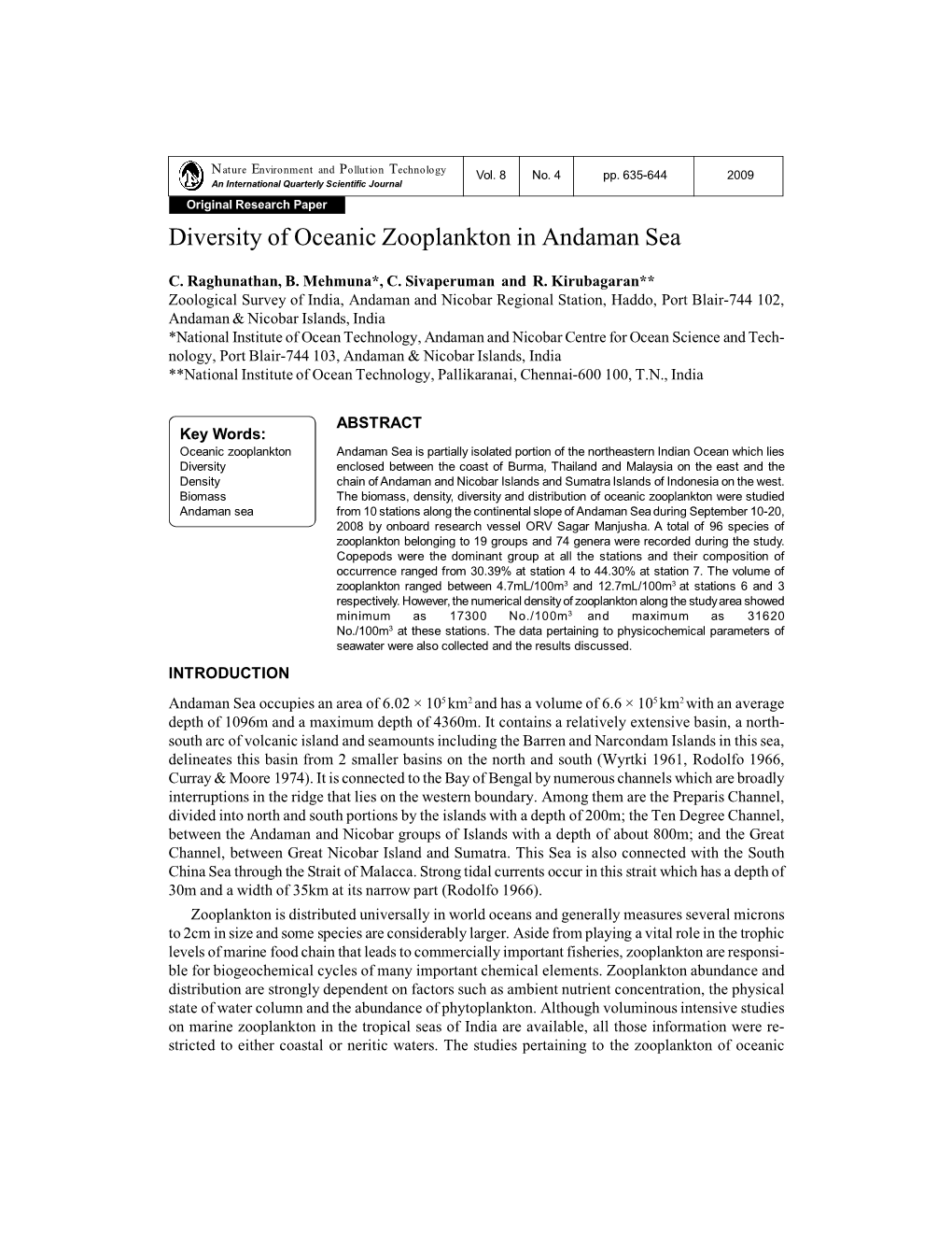 Diversity of Oceanic Zooplankton in Andaman Sea