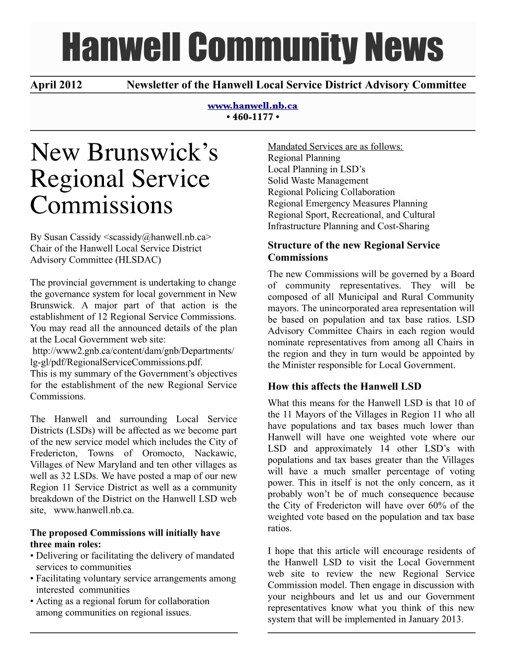 April 2012 – Newsletter of the Hanwell Local Service District Advisory