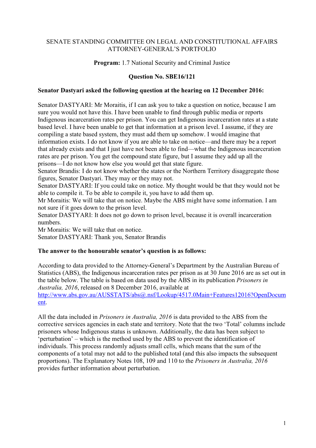 SENATE STANDING COMMITTEE on LEGAL and CONSTITUTIONAL AFFAIRS ATTORNEY-GENERAL's PORTFOLIO Program: 1.7 National Security