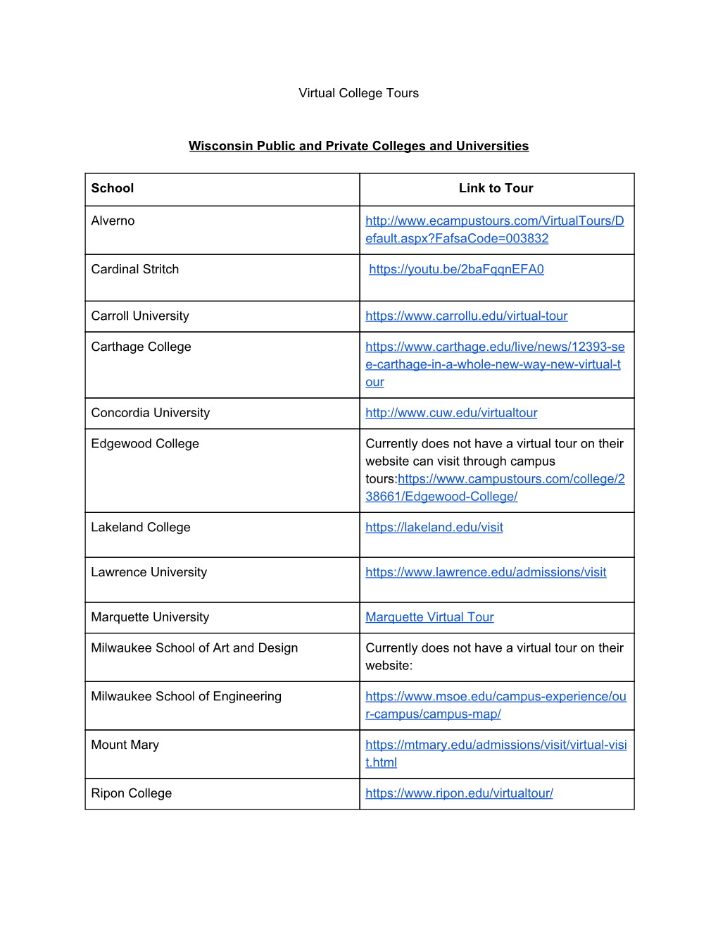 Virtual Tour Links for WI Colleges