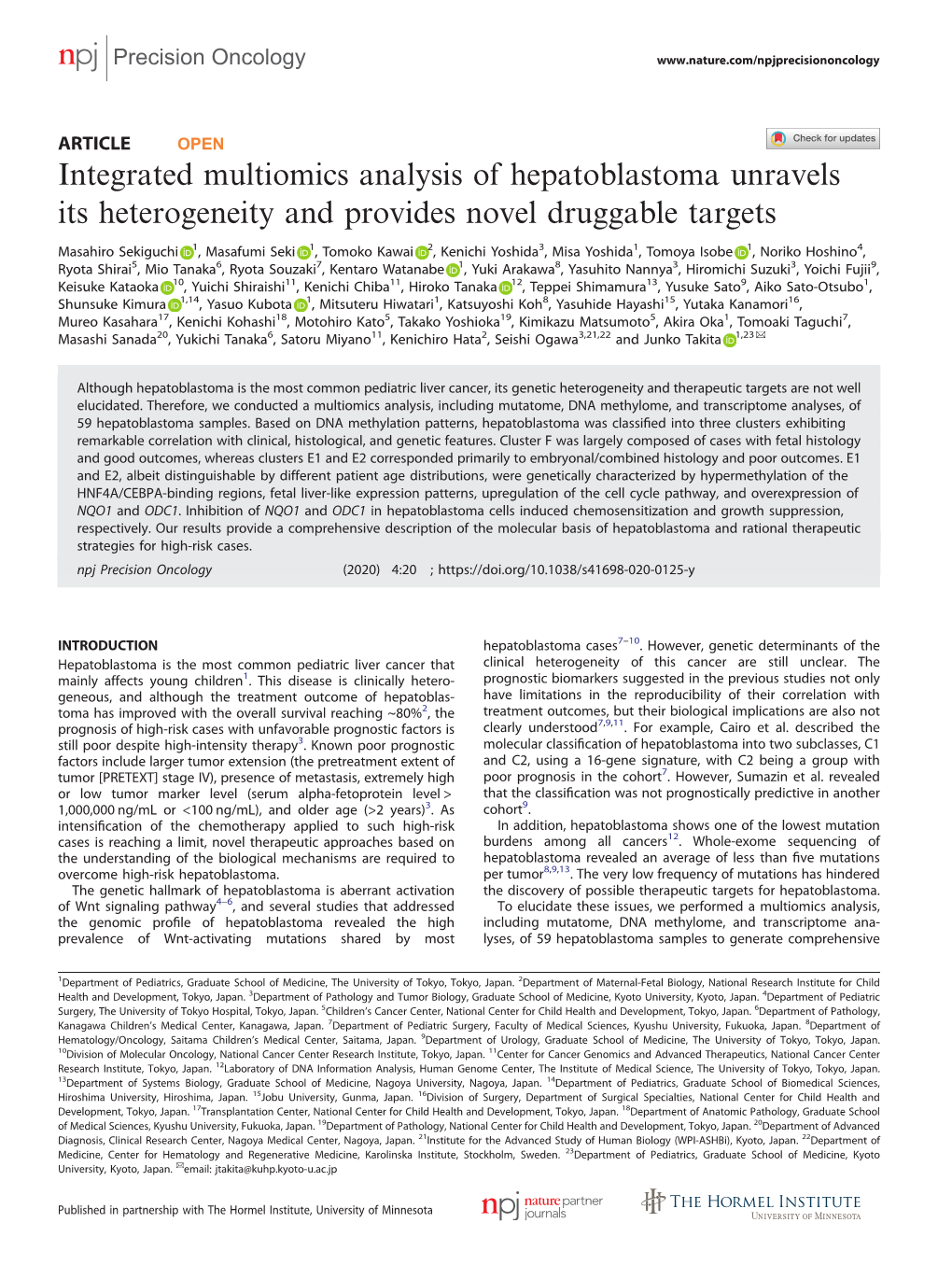 Integrated Multiomics Analysis of Hepatoblastoma Unravels Its Heterogeneity and Provides Novel Druggable Targets