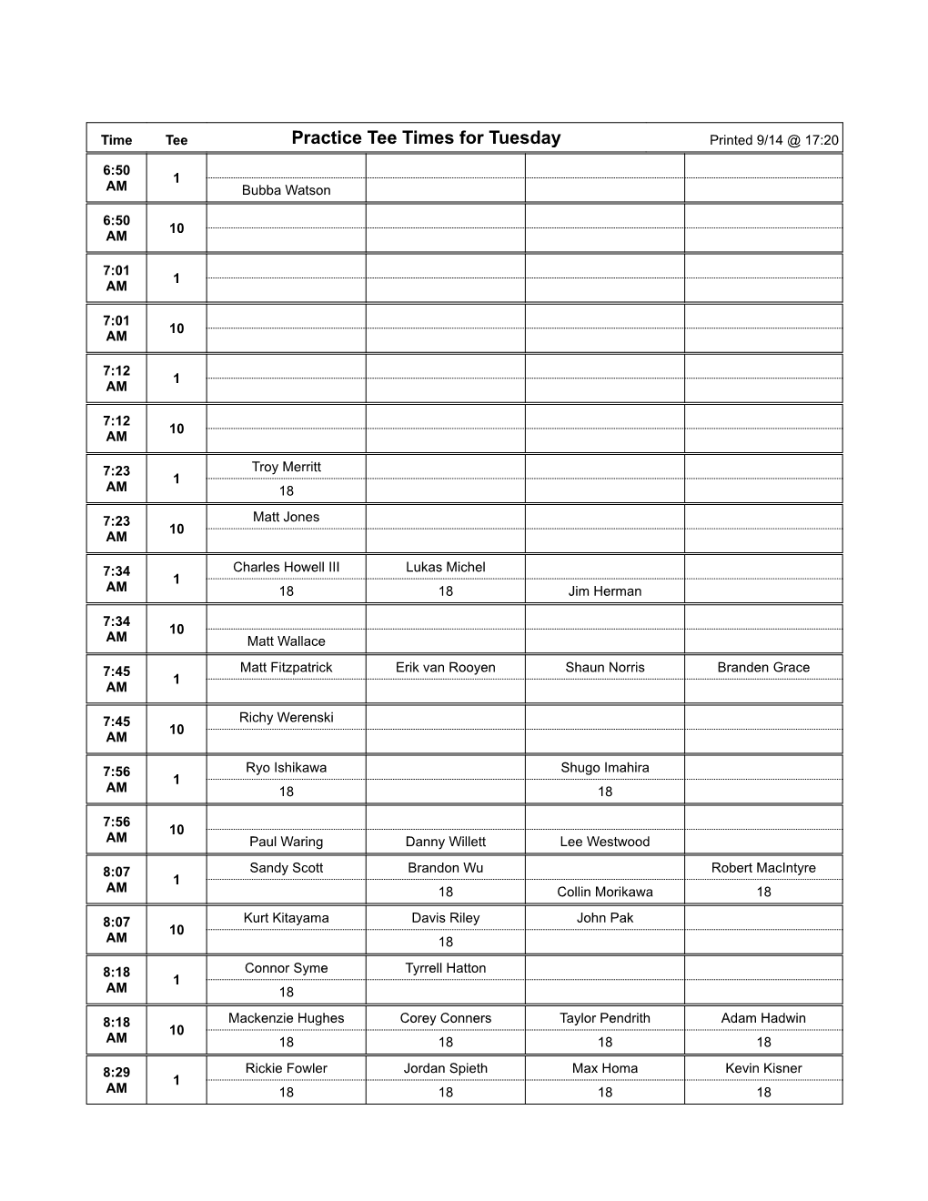 Tee Times for Tuesday Printed 9/14 @ 17:20