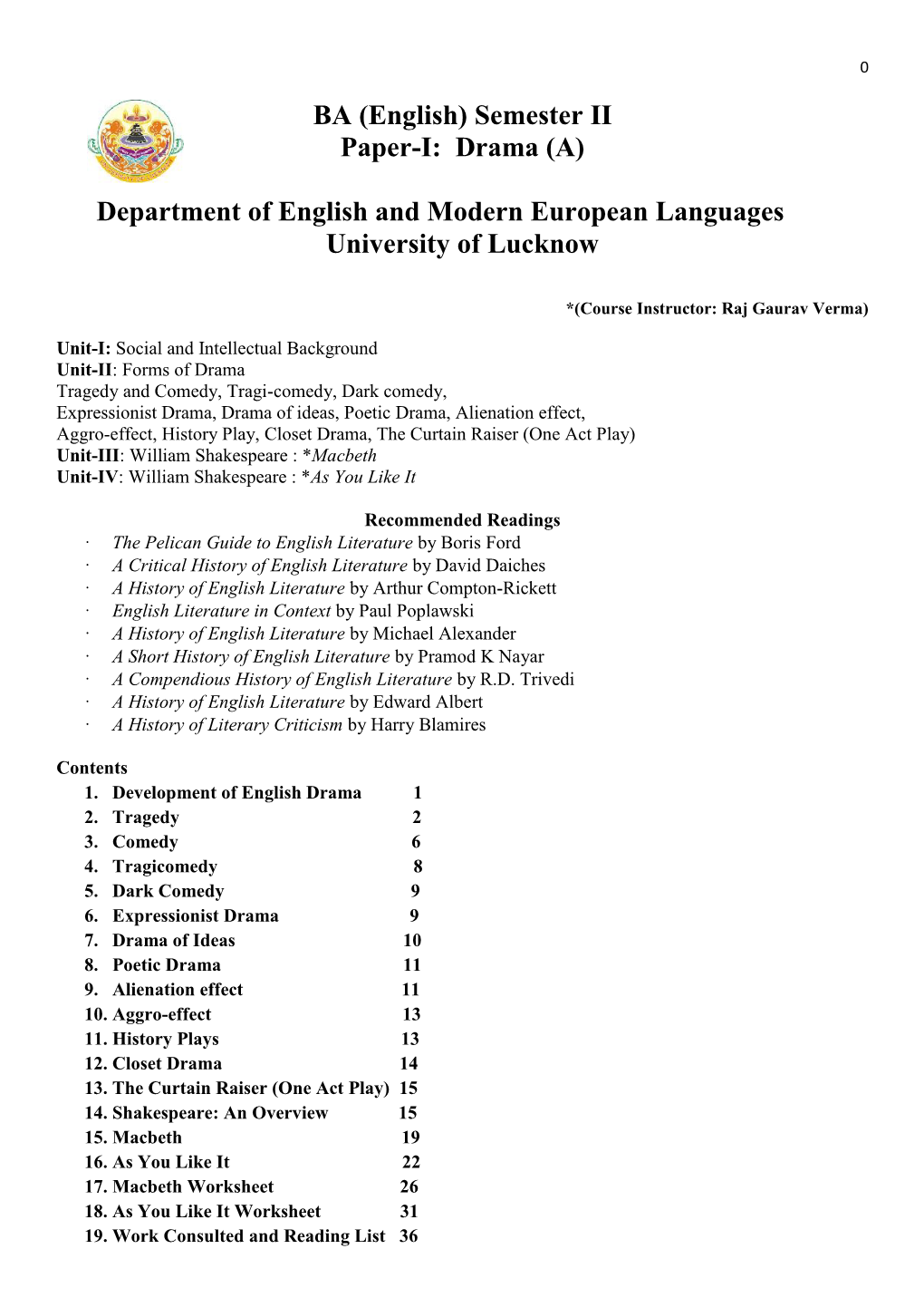 BA (English) Semester II Paper-I: Drama (A)