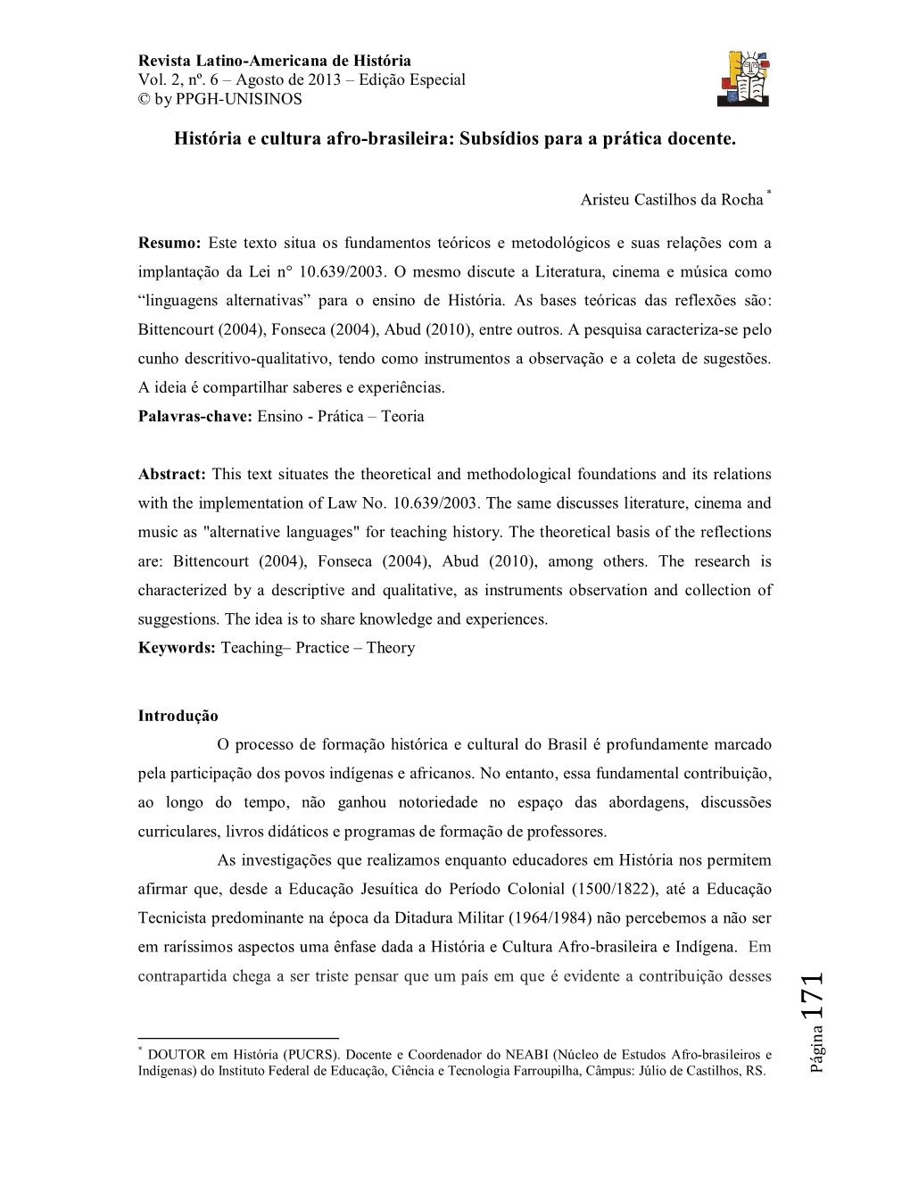 História E Cultura Afro-Brasileira: Subsídios Para a Prática Docente