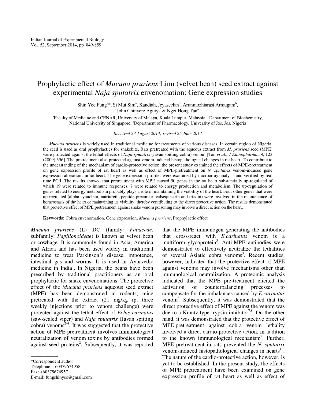 Mucuna Pruriens Linn (Velvet Bean) Seed Extract Against Experimental Naja Sputatrix Envenomation: Gene Expression Studies