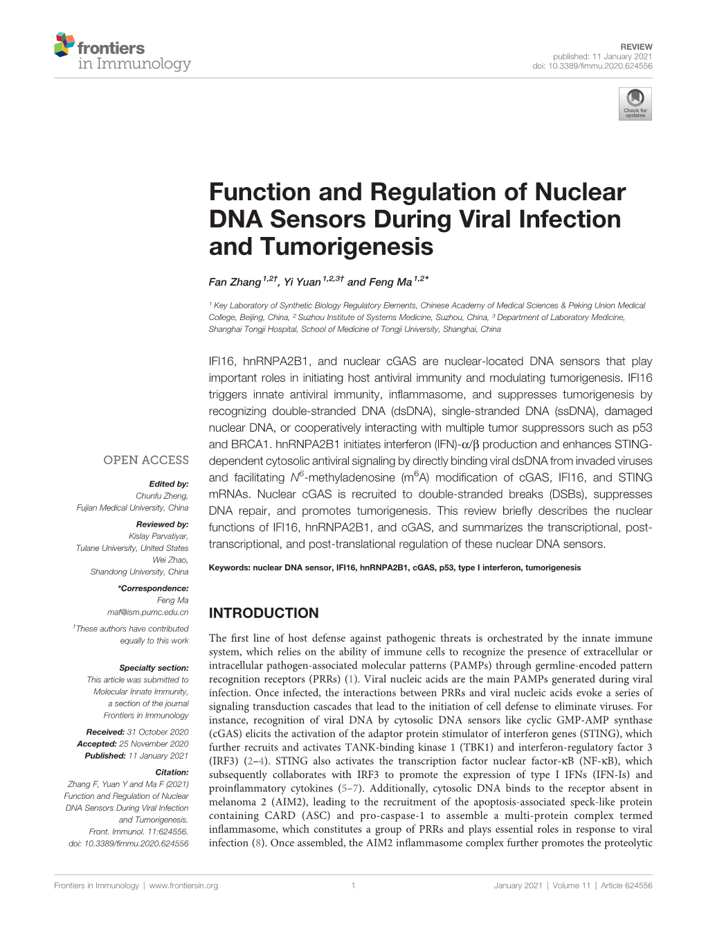 Function and Regulation of Nuclear DNA Sensors During Viral Infection and Tumorigenesis